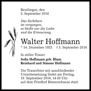 Anzeige von Walter Hoffmann von Reutlinger Generalanzeiger