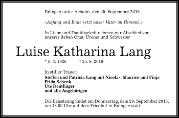 Anzeige von Luise Katharina Lang von Reutlinger Generalanzeiger