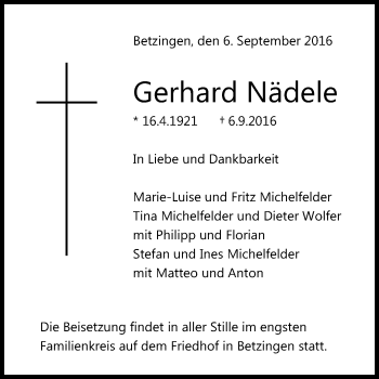 Anzeige von Gerhard Nädele von Reutlinger Generalanzeiger