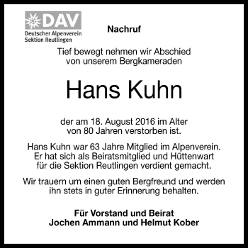 Anzeige von Hans Kuhn von Reutlinger Generalanzeiger
