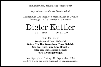 Anzeige von Dieter Kuttler von Reutlinger Generalanzeiger