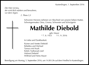 Anzeige von Mathilde Diebold von Reutlinger Generalanzeiger