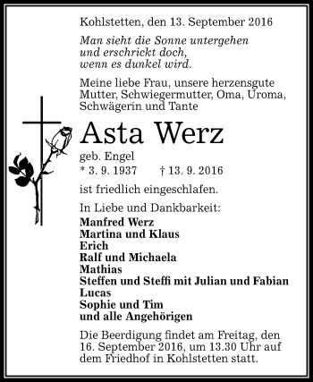 Anzeige von Asta Werz von Reutlinger Generalanzeiger