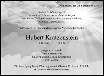 Anzeige von Hubert Kratzenstein von Reutlinger Generalanzeiger