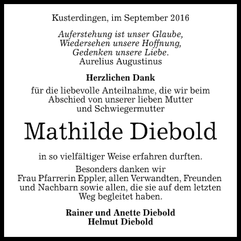 Anzeige von Mathilde Diebold von Reutlinger Generalanzeiger