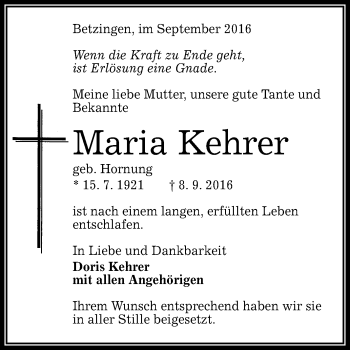 Anzeige von Maria Kehrer von Reutlinger Generalanzeiger