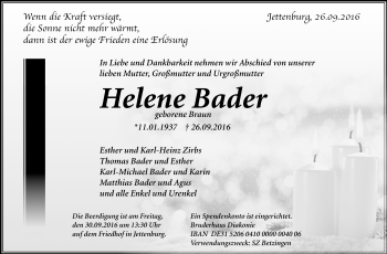 Anzeige von Helene Bader von Reutlinger Generalanzeiger