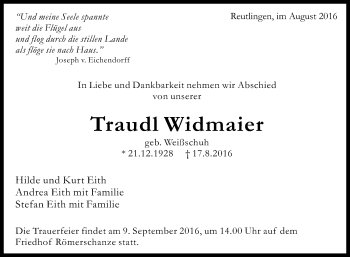 Anzeige von Traudl Widmaier von Reutlinger Generalanzeiger