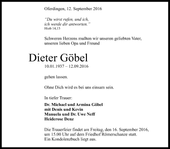 Anzeige von Dieter Göbel von Reutlinger Generalanzeiger