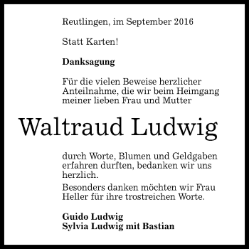Anzeige von Waltraud Ludwig von Reutlinger Generalanzeiger