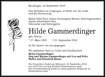 Anzeige von Hilde Gammerdinger von Reutlinger Generalanzeiger