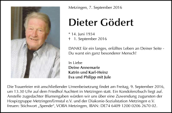 Anzeige von Dieter Gödert von Reutlinger Generalanzeiger