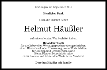 Anzeige von Helmut Häußler von Reutlinger Generalanzeiger