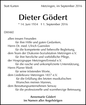 Anzeige von Dieter Gödert von Reutlinger Generalanzeiger