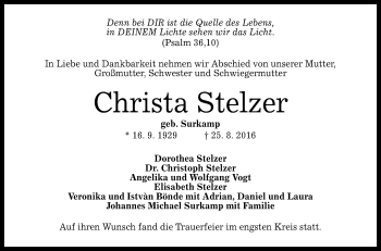 Anzeige von Christa Stelzer von Reutlinger Generalanzeiger