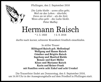 Anzeige von Hermann Raisch von Reutlinger Generalanzeiger