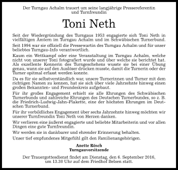 Anzeige von Toni Neth von Reutlinger Generalanzeiger