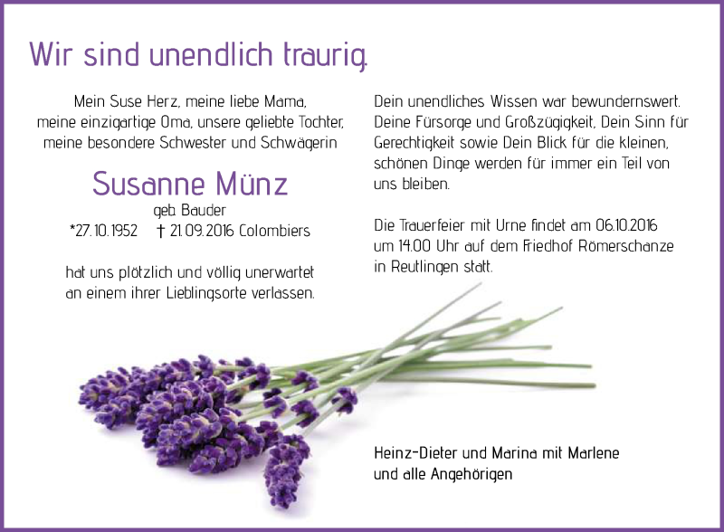  Traueranzeige für Susanne Münz vom 01.10.2016 aus Reutlinger Generalanzeiger