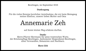 Anzeige von Annemarie Zeh von Reutlinger Generalanzeiger