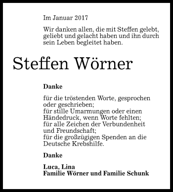 Anzeige von Steffen Wörner von Reutlinger Generalanzeiger