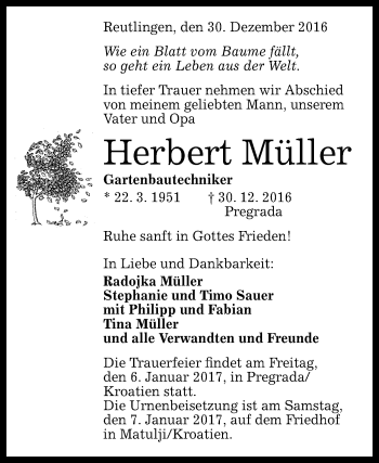 Anzeige von Herbert Müller von Reutlinger Generalanzeiger
