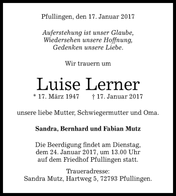 Anzeige von Luise Lerner von Reutlinger Generalanzeiger