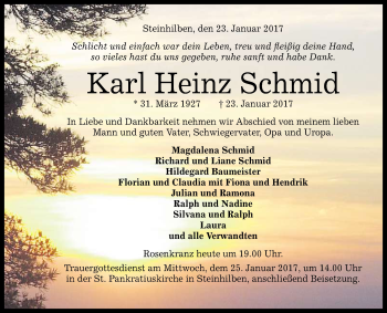 Anzeige von Karl Heinz Schmid von Reutlinger Generalanzeiger