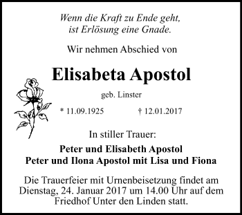 Anzeige von Elisabeta Apostol von Reutlinger Generalanzeiger