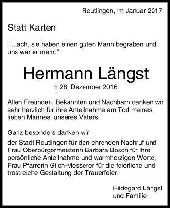Anzeige von Hermann Längst von Reutlinger Generalanzeiger