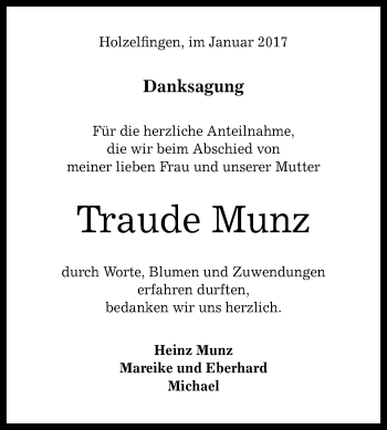Anzeige von Traude Munz von Reutlinger Generalanzeiger