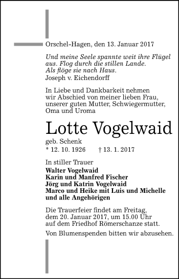 Anzeige von Lotte Vogelwaid von Reutlinger Generalanzeiger