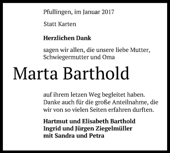 Anzeige von Marta Barthold von Reutlinger Generalanzeiger