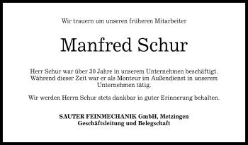 Anzeige von Manfred Schur von Reutlinger Generalanzeiger