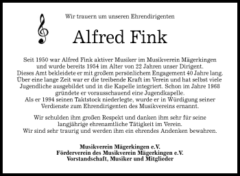 Anzeige von Alfred Fink von Reutlinger Generalanzeiger