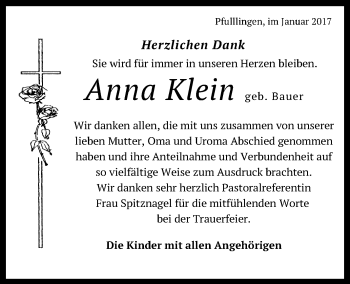Anzeige von Anna Klein von Reutlinger Generalanzeiger