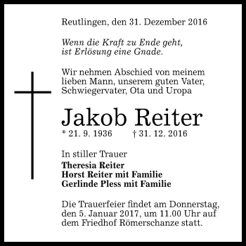 Anzeige von Jakob Reiter von Reutlinger Generalanzeiger