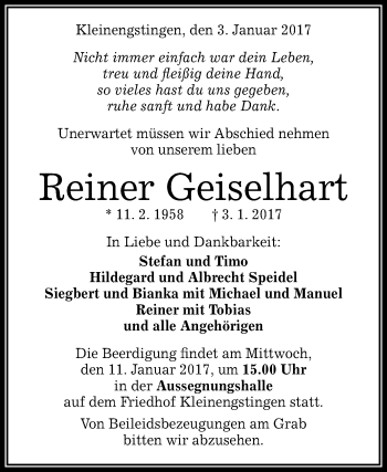 Anzeige von Reiner Geiselhart von Reutlinger Generalanzeiger