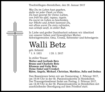 Anzeige von Walli Betz von Reutlinger Generalanzeiger