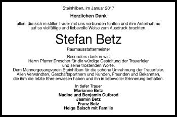 Anzeige von Stefan Betz von Reutlinger Generalanzeiger