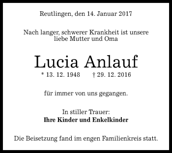 Anzeige von Lucia Anlauf von Reutlinger Generalanzeiger