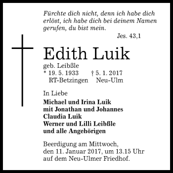 Anzeige von Edith Luik von Reutlinger Generalanzeiger