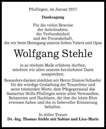 Anzeige von Wolfgang Stehle von Reutlinger Generalanzeiger