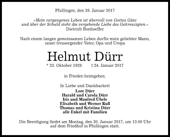 Anzeige von Helmut Dürr von Reutlinger Generalanzeiger