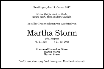 Anzeige von Martha Storm von Reutlinger Generalanzeiger