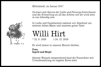 Anzeige von Willi Hirt von Reutlinger Generalanzeiger