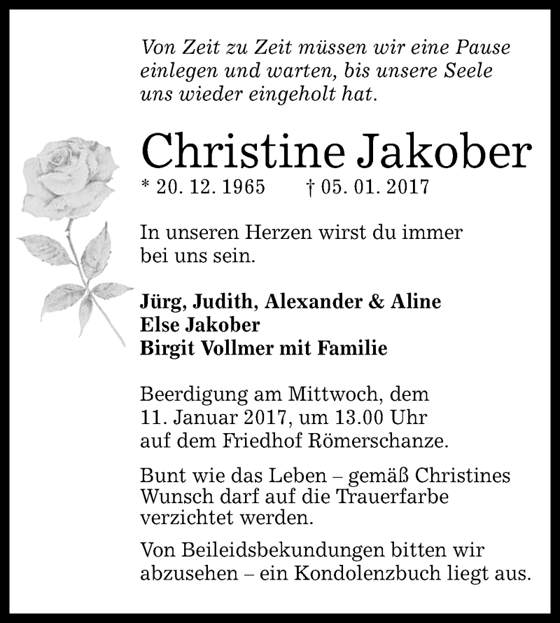  Traueranzeige für Christine Jakober vom 09.01.2017 aus Reutlinger Generalanzeiger