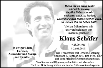 Anzeige von Klaus Schäfer von Reutlinger Generalanzeiger