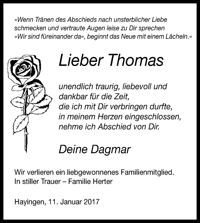  Traueranzeige für Thomas  vom 14.01.2017 aus Reutlinger Generalanzeiger