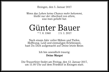 Anzeige von Günter Bauer von Reutlinger Generalanzeiger