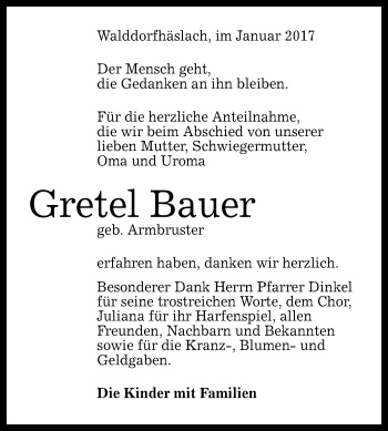 Anzeige von Gretel Bauer von Reutlinger Generalanzeiger